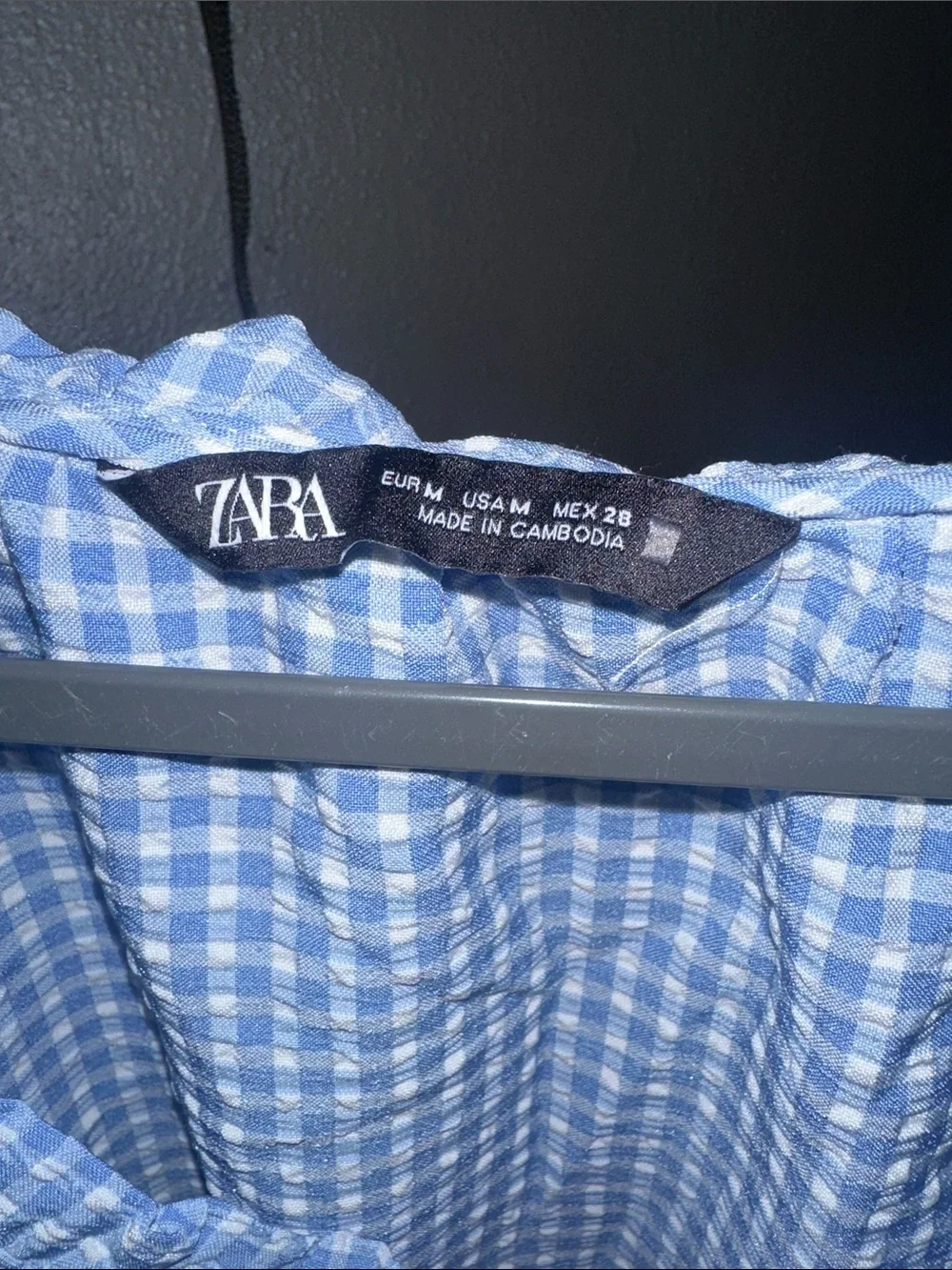 Zara Light Blue Gingham Tie-Front Peasant Blouse